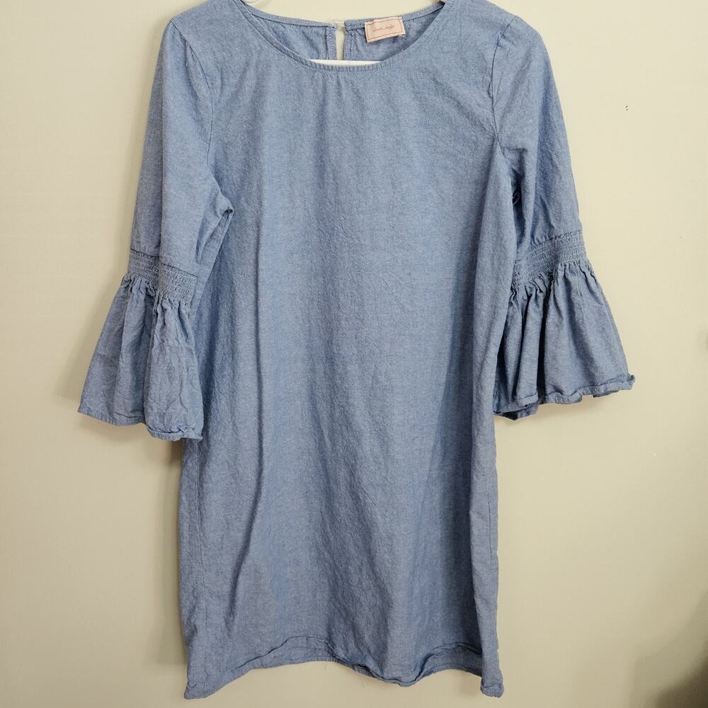 Love...Ady Smocked Bell Sleeve Blue Cotton Shift Dress Size M Made In USA